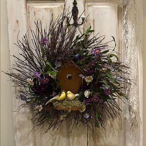 Charming Birdhouse Wreath with Purple and Green Florals